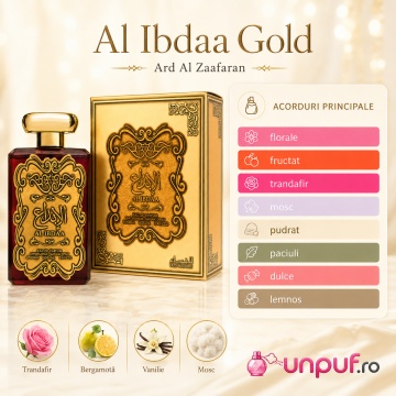 Parfum Arăbesc Al Ibdaa Gold Ard Al Zaafaran 100 ml, Apă de Parfum Damă, Aromă Floral Fructată, Inspirat L'Interdit Givenchy - Img 4