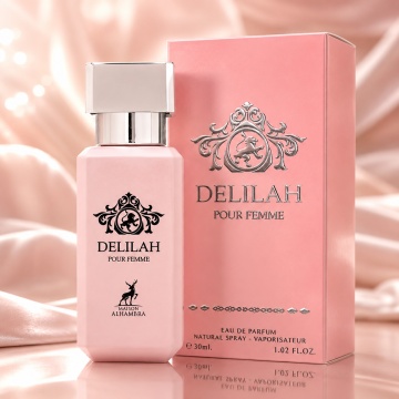 Parfum Arăbesc Alhambra Delilah Pour Femme 30 ml, Apă de Parfum Damă, Inspirat Delina, Aromă Floral Fructată Feminină cu Bergamotă, Fructe Delicate, Pară, Bujor, Flori Albe, Iasomie, Trandafir, Lemn Alb, Mosc și Vanilie