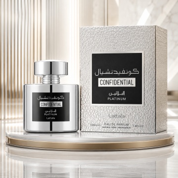 Parfum Arăbesc Confidential Platinum Lattafa 100 ml, Apă de Parfum Bărbați, Aromă Lemnos Aromatică Fresh Sportivă cu Chiparos, Bergamotă, Citrice, Piper Negru, Note Marine, Note Lemnoase, Tămâie, Ambră Gri, Labdanum, Mosc și Mușchi