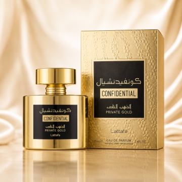 Parfum Arăbesc Confidential Private Gold Lattafa 100 ml, Apă de Parfum Unisex, Damă și Bărbat, Inspirat Kirke Tiziana Terenzi, Aromă Aromatic Fructată Tropicală cu Coacăză Neagră, Fructul Pasiunii, Piersică, Zmeură, Pară, Lăcrămioară, Lemn de Santal, Mosc