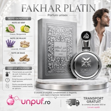 Parfum Arăbesc Fakhar Platin Lattafa Pride 100 ml, Apă de Parfum Bărbat, Aromă Aromatic Fougere cu Bergamotă, Cardamom, Piper Roz, Ghimbir, Guava, Lavandă, Palo Santo, Lemn de Santal și Tămâie - Img 9