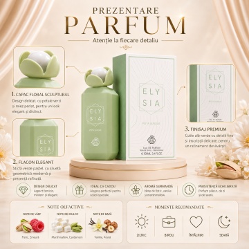 Parfum Arăbesc Fragrance World Elysia Pista Sundae 100 ml, Apă de Parfum Damă, Aromă Gourmand Cremoasă cu Fistic, Zmeură, Marshmallow, Cardamom, Vanilie și Alună - Img 3