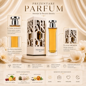 Parfum Arăbesc Francique 107.9 Eau de Parfum 80 ml, Apă de Parfum Unisex, Damă și Bărbat, French Avenue, Inspirat Rouge Smoking BDK, Aromă Floral Fructat Ambrată cu Ghimbir, Mandarină, Piper Roz, Gutui, Iasomie, Trandafir Marocan, Patchouli, Ambră, Mosc ș - Img 3