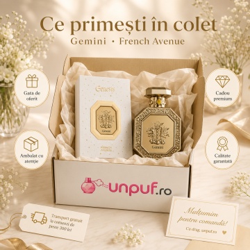 Parfum Arăbesc Genesis Gemini French Avenue 90 ml, Apă de Parfum Unisex, Damă și Bărbat, Inspirat Faces of Francis, Aromă Aromatic Orientală cu Citrice, Acorduri Verzi, Note Proaspăt Condimentate, Flori Albe, Lavandă, Note Calde, Lemn de Cedru, Ambră, Mos - Img 4