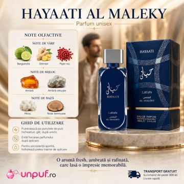 Parfum Arăbesc Hayaati Al Maleky Lattafa 100 ml, Apă de Parfum Bărbat, Aromă Lemnos Aromatică cu Bergamotă, Ghimbir, Nucșoară, Piper Roz, Cedru, Labdanum, Tămâie, Ambră și Mosc - Img 9