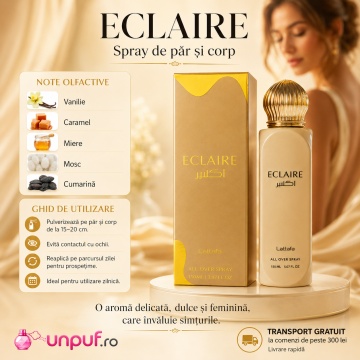 Parfum Arăbesc Lattafa Eclaire All Over Spray 150 ml, Spray de Păr și Corp Damă, Aromă Dulce cu Caramel, Vanilie și Mosc - Img 9