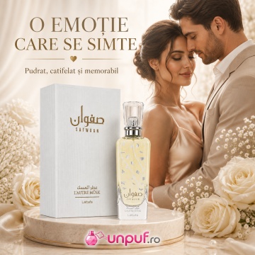 Parfum Arăbesc Lattafa Safwaan L’Autre Musk 100 ml, Apă de Parfum Unisex, Aromă Curată Pudrată cu Mosc, Vanilie, Ambră, Oud și Note Lemnoase - Img 7