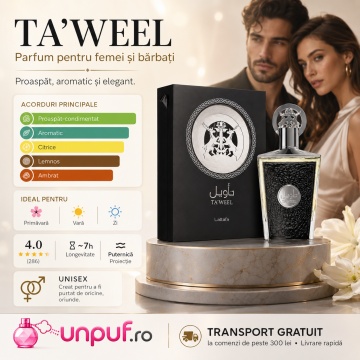 Parfum Arăbesc Lattafa Taweel 100 ml, Apă de Parfum Unisex, Aromă Fresh Aromatică cu Bergamotă, Ghimbir, Ienupăr, Lavandă, Ambroxan și Vetiver - Img 8