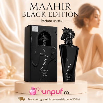 Parfum Arăbesc Maahir Black Edition Lattafa EDP 100 ml Bărbat, Inspirat Terroni / Interlude Black Iris, Aromă Oriental Lemnoasă cu Bergamotă, Rozmarin, Smirnă, Violetă, Tămâie, Ambră, Oud, Piele, Fum și Paciuli - Img 10