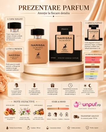 Parfum Arăbesc Narissa Peach Maison Alhambra EDP 100 ml Damă, Inspirat Narciso Poudree, Aromă Lemnos Floral Mosc cu Floare de Portocal, Iasomie, Trandafir, Vetiver, Mosc, Cumarină, Cedru și Paciuli - Img 10