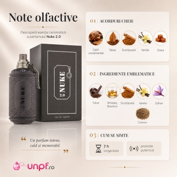 Parfum Arăbesc Nuke 2.0 Fragrance World 100 ml, Apă de Parfum Bărbat, Aromă Oriental Condimentată Explozivă cu Grapefruit, Bergamotă, Piper Roz, Paprika, Scorțișoară, Șofran, Tutun, Ambră, Piele și Vetiver - Img 9