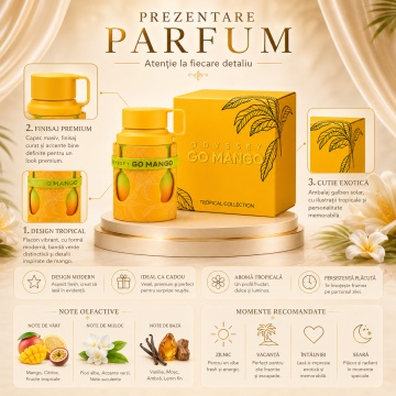 Parfum Arăbesc Odyssey Go Mango Men Armaf 100 ml, Apă de Parfum Unisex, Damă și Bărbat, Aromă Fructat Florală Tropicală, Inspirat God Of Fire - Img 3