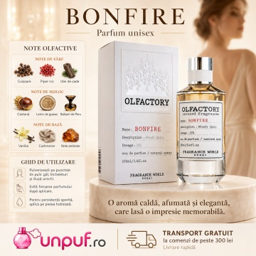 Parfum Arăbesc Olfactory Bonfire Fragrance World 100 ml, Apă de Parfum Unisex, Damă și Bărbat, Aromă Lemnos Fumurie Ambrată cu Bergamotă, Cuișoare, Piper, Guaiac, Rășini, Tămâie, Fum, Ambră, Lemn Ars și Mosc - Img 8