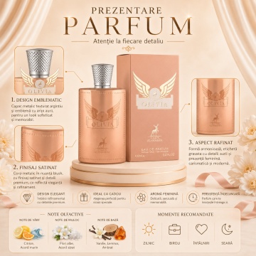 Parfum Arăbesc Olivia Maison Alhambra EDP 80 ml Damă, Inspirat Olympea Paco Rabanne, Aromă Oriental Florală cu Ghimbir, Iasomie, Mandarină, Sare, Vanilie, Ambră Gri, Cașmiran și Lemn de Santal - Img 3