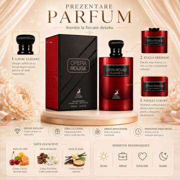 Parfum Arăbesc Opera Rouge Maison Alhambra EDP 100 ml Damă, Inspirat Black Opium Over Red, Aromă Floral Fructat Gurmandă cu Cireașă, Mandarină, Ceai Negru, Floare de Portocal, Iasomie, Cafea, Paciuli și Vanilie - Img 3
