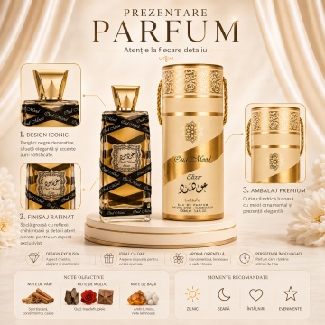 Parfum Arăbesc Oud Mood Gold Lattafa EDP 100 ml Unisex, Inspirat Oud Bouquet Lancome, Aromă Oriental Lemnoasă cu Pimento, Trandafir, Șofran, Caramel, Paciuli, Oud, Ambră, Lemn Uscat și Vanilie - Img 3