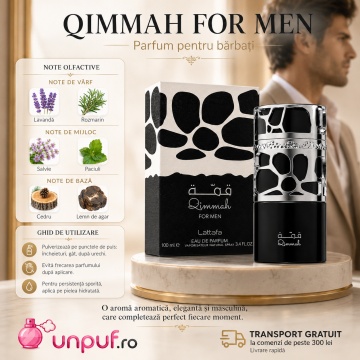 Parfum Arăbesc Qimmah For Men Lattafa 100 ml, Apă de Parfum Bărbat, Aromă Orientală cu Ambră, Cedru, Oud, Lavandă, Lemn de Santal, Rășină, Rozmarin, Paciuli și Vetiver - Img 9