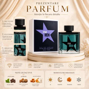 Parfum Arăbesc Star Men Fragrance World 100 ml, Apă de Parfum Bărbați, Aromă Oriental Fougere Dulce Condimentată cu Bergamotă, Mentă, Lavandă, Coriandru, Caramel, Miere, Lapte, Cafea, Vanilie, Tonka, Ambră și Mosc - Img 3