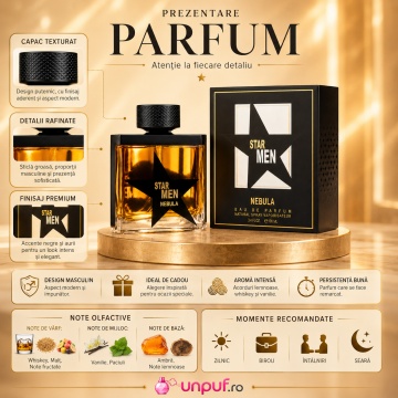 Parfum Arăbesc Star Men Nebula Fragrance World 100 ml, Apă de Parfum Bărbat, Aromă Oriental Lemnoasă cu Bergamotă, Portocală, Fructe, Cafea, Cedru, Malt, Paciuli, Whiskey, Ambră, Mosc și Vanilie - Img 3