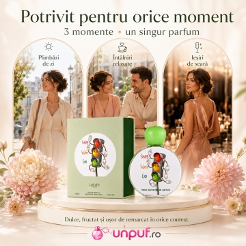 Parfum Arăbesc Stop Wait Go Lattafa Pride 75 ml, Apă de Parfum Unisex, Aromă Floral Fructat Gurmandă cu Lavandă, Pară, Piersică, Orhidee, Pralină, Nucă de Cocos, Ambră, Lemn de Santal și Mosc - Img 6