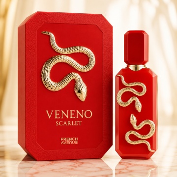 Parfum Arăbesc Unisex Veneno Scarlet French Avenue 100 ml, Apă de Parfum, Inspirat de Venom Incarnat, Aromă Fructată Dulce și Lemnoasă cu Căpșuni, Caramel, Mure, Zmeură, Scorțișoară, Cedru, Piele, Vanilie, Paciuli, Tonka și Brad