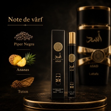 Parfum Asad 35 ml, Apă de Parfum Bărbat, Aromă Oriental Condimentată, Lemnoasă și Vanilată, Format Compact, Note de Piper Negru, Ananas, Tutun, Cafea, Paciuli, Iris, Ambră, Vanilie, Rășină Benzoică și Labdanum - Img 4