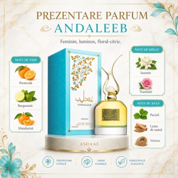 Parfum Damă Andaleeb Asdaaf, Eau de Parfum 100 ml, Floral Citric, Iasomie, Trandafir, Patchouli, Lemn de Santal și Vetiver - Img 3