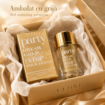 Parfum Damă V.V. Love Party Dream Gold Non Stop Pour Femme Eau de Parfum 30 ml, Inspirat din Carolina Herrera 212 VIP, Aromă Dulce și Elegantă - Img 5