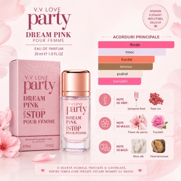 Parfum Damă V.V. Love Party Dream Pink Non Stop Eau de Parfum 30 ml, Inspirat din Carolina Herrera 212 VIP Rosé, Aromă Florală, Fructată și Elegantă - Img 6