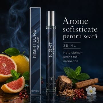 Parfum Night Lure Pour Homme 35 ml, Apă de Parfum Bărbat, Aromă Citrică Lemnoasă, Aromatică și Proaspăt Condimentată, Format Compact, Note de Grapefruit, Lămâie, Mentă, Piper Roz, Ghimbir, Iasomie, Tămâie, Cedru, Vetiver, Lemn de Santal și Mosc Alb - Img 3