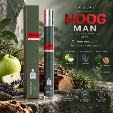Parfum pentru barbati Hoog Man V.V. Love, 35 ml, aroma lemnoasa aromatica, mar verde, lavanda, pin, note lemnoase si brad balsamic