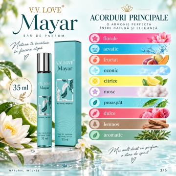 Parfum pentru femei Mayar V.V. Love, Apa de Parfum, 35 ml, aroma florala acvatica fructata, mandarina verde, smochina, apa de cocos, pepene, lotus, nufar, iasomie, mosc, ambroxan, lemn de santal si vanilie - Img 5