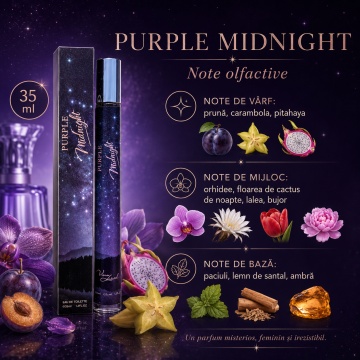 Parfum Purple Midnight 35 ml, Apă de Parfum Damă, Aromă Fructat Florală Misterioasă și Seducătoare, Format Compact, Note de Prună, Carambola, Pitahaya, Orhidee, Floare de Cactus de Noapte, Bujor, Paciuli, Lemn de Santal și Ambră - Img 8