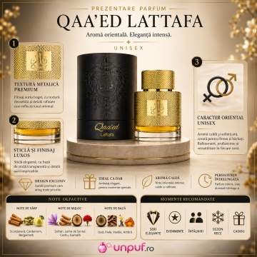 Parfum Qaa’ed Lattafa 100 ml, Eau de Parfum unisex, aromă orientală caldă cu scorțișoară, cardamom, bergamotă, șofran, oud, vanilie și ambră - Img 3