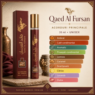 Parfum Qaed Al Fursan 35 ml, Apă de Parfum Unisex, Aromă Ambrată Cald Condimentată și Lemnoasă, Format Compact, Note de Scorțișoară, Cardamom, Mandarină, Nucșoară, Caramel, Lavandă, Ambră, Cedru și Vetiver - Img 3