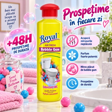 Parfum Superconcentrat WC Royal Air Fresh Bubble Gum, Parfum Ambiental Intens cu Aromă Dulce, cu Picurător, Fabricat în România, 250 ml - Img 5