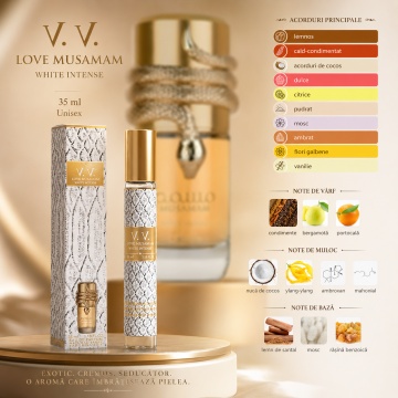 Parfum Unisex Arăbesc Musamam White Intense 35 ml V.V. Love, Apă de Parfum, Inspirat de Musamam White Intense Lattafa, Aromă Exotică Cremoasă cu Cocos, Bergamotă, Portocală, Ylang Ylang, Lemn de Santal, Mosc și Rășină Benzoică - Img 2