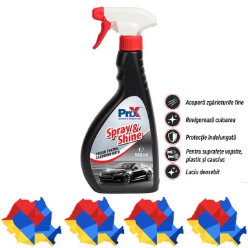 Polish auto exterior PRO X Spray & Shine, soluție cu polimeri siliconici pentru luciu, protecție caroserie, acoperire zgârieturi fine și revigorare culoare, 500 ml, 4x Stickere