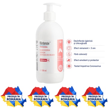 Săpun dezinfectant profesional Klintensiv Klinoderm, cu 1,5% Bifenil-2-ol și 1% 2-Fenoxietanol, pentru mâini și corp, bactericid, levuricid, virucid și micobactericid, 500 ml, 4x Stickere