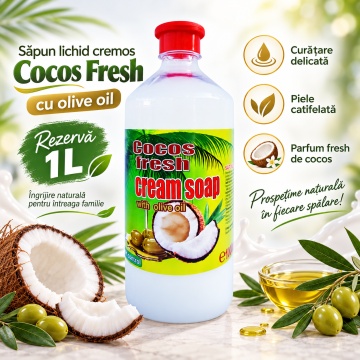 Săpun Lichid Cremos Cloret Cocos Fresh, Rezervă pentru Mâini, cu Ulei de Măsline, Curățare Delicată și Parfum de Cocos, pentru Reumplere Recipiente, 1 L