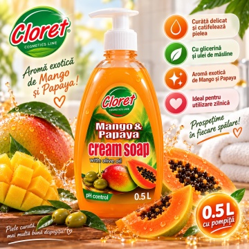 Săpun Lichid Cremos Cloret Mango Papaya cu Pompiță, pentru Mâini, cu Ulei de Măsline, Curățare Delicată și Parfum Tropical, 500 ml