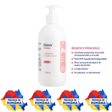 Săpun lichid dezinfectant Klintensiv Professional Davera Soap, cu clorhexidină digluconat 2%, pentru mâini, piele și scalp, bactericid, levuricid, virucid și micobactericid, 500 ml, 4x Stickere