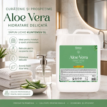 Săpun lichid Klintensiv, parfum Aloe Vera, formulă profesională pentru mâini și tegumente, peste 94% ingrediente biodegradabile, ideal pentru hoteluri, firme, birouri și spații publice, 5 L, 4x Stickere - Img 2