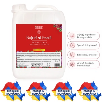 Săpun lichid Klintensiv, parfum Bujori si Freza, formulă profesională pentru mâini și tegumente, peste 94% ingrediente biodegradabile, ideal pentru hoteluri, firme, birouri și spații publice, 5 L, 4x Stickere