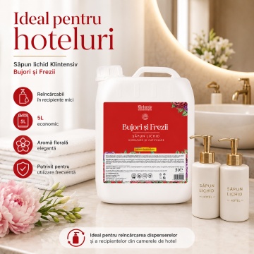 Săpun lichid Klintensiv, parfum Bujori si Freza, formulă profesională pentru mâini și tegumente, peste 94% ingrediente biodegradabile, ideal pentru hoteluri, firme, birouri și spații publice, 5 L, 4x Stickere - Img 2