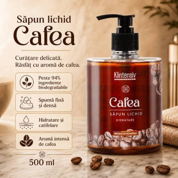Săpun lichid Klintensiv, parfum Cafea, spumă fină, efect emolient și protectiv, peste 94% ingrediente biodegradabile, pentru mâini și tegumente, 500 ml, 4x Stickere - Img 2
