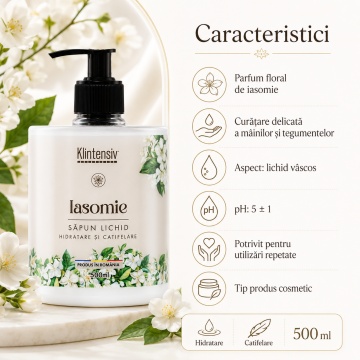 Săpun lichid Klintensiv, parfum Iasomie, spumă fină, efect emolient și protectiv, peste 94% ingrediente biodegradabile, pentru mâini și tegumente, 500 ml, 4x Stickere - Img 2