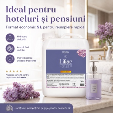 Săpun lichid Klintensiv, parfum Liliac, formulă profesională pentru mâini și tegumente, peste 94% ingrediente biodegradabile, ideal pentru hoteluri, firme, birouri și spații publice, 5 L, 4x Stickere - Img 2