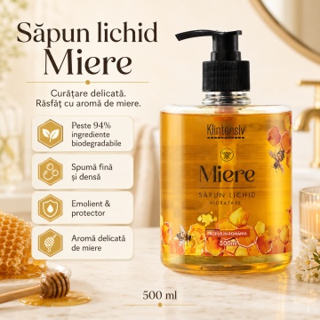 Săpun lichid Klintensiv, parfum Miere, spumă fină, efect emolient și protectiv, peste 94% ingrediente biodegradabile, pentru mâini și tegumente, 500 ml, 4x Stickere - Img 2