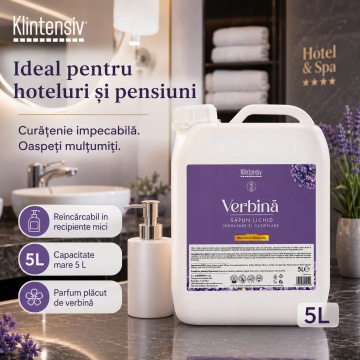 Săpun lichid Klintensiv, parfum Verbina, formulă profesională pentru mâini și tegumente, peste 94% ingrediente biodegradabile, ideal pentru hoteluri, firme, birouri și spații publice, 5 L, 4x Stickere - Img 2